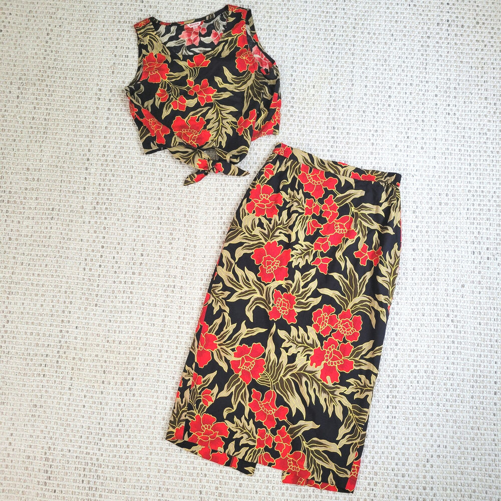 Vintage 2 Piece Set Midi Skirt and Tank Top Red and Black Floral Tropical Beachy